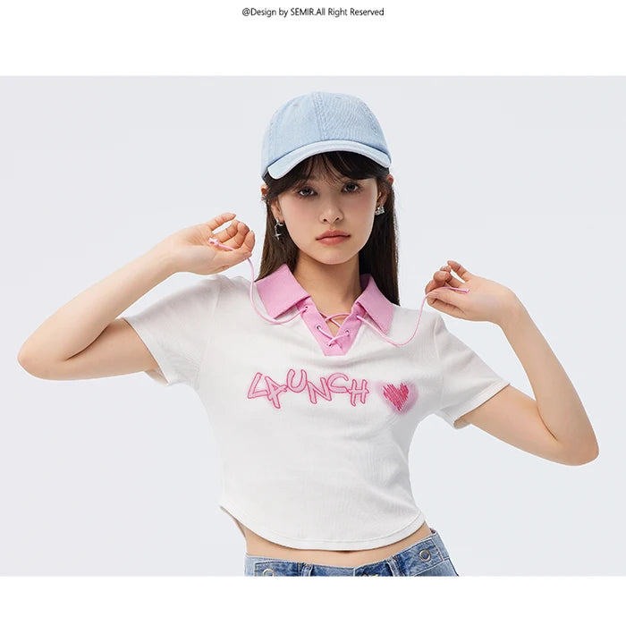 Semir Polo Shirt Frauen Kurzarm Frühling bestickt süß cool Retro Sommer T-Shirt neue Kontrast farbe enges Polo-Shirt