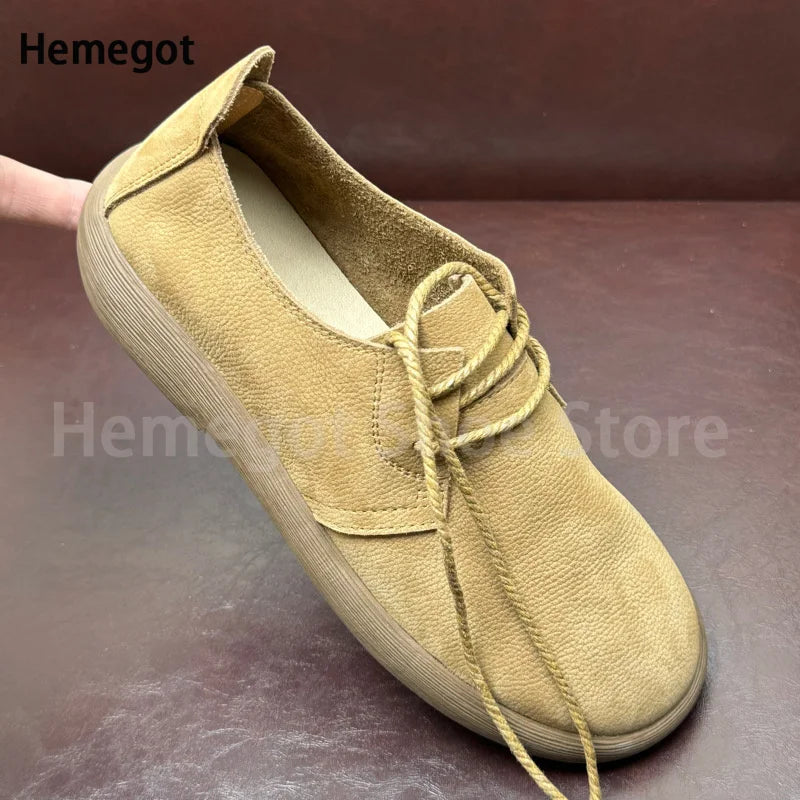 Big Round Toe Men's Shoes Soft Leather Soft Soled Flats Breathable Durable Casual Shoes Handmade Lace-Up Shoes Men's Shoes