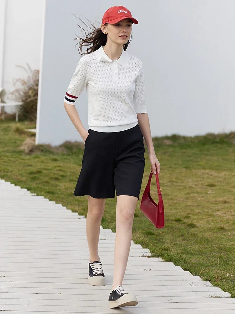 Damen Pullover im Minimalismus-Stil mit Polo-Ausschnitt und Kontrastfarben