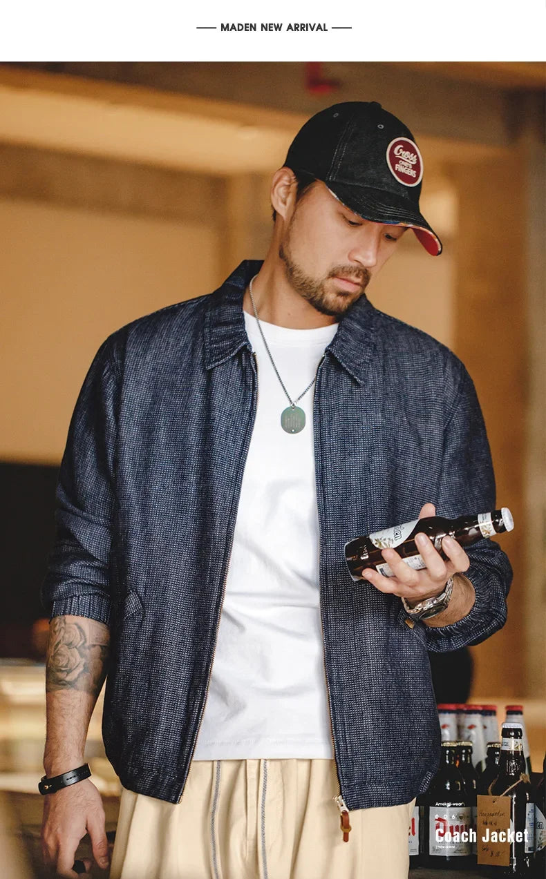 Herren Vintage-Jeansjacke Lockere Passform Revers-Reißverschlussjacke Kurze Blaue Mäntel