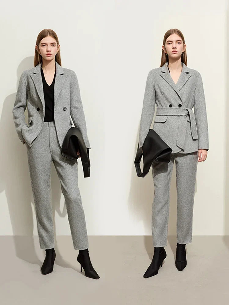 Damen Wollmantel im Minimalismus-Stil für Büro und Winter mit Taschen