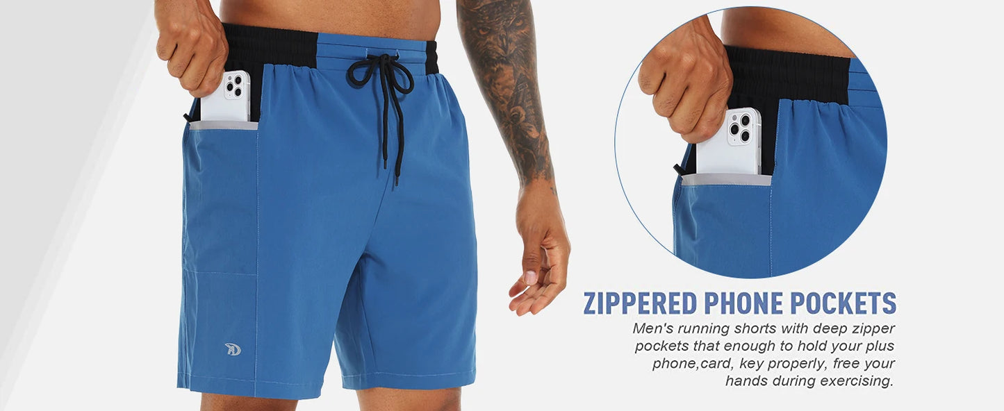 Sommerliche Herren-Badeshorts mit Camouflage-Streifen, schnelltrocknend, mit Reißverschlusstaschen und Mesh-Futter – ideal für Strand und Surfen.