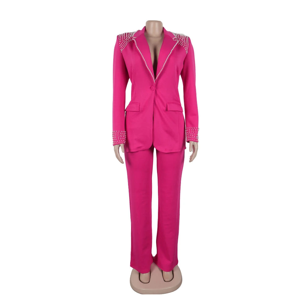 Zweiteiliges Damen-Set mit Applikationen, langärmligem Patchwork-Hemd und hoch taillierter Hose