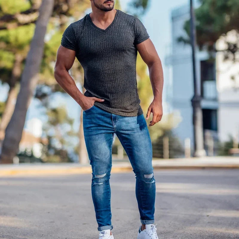 Modisches Herren-Casual-T-Shirt mit Streifen und Rundhalsausschnitt – ideal für den Sommer