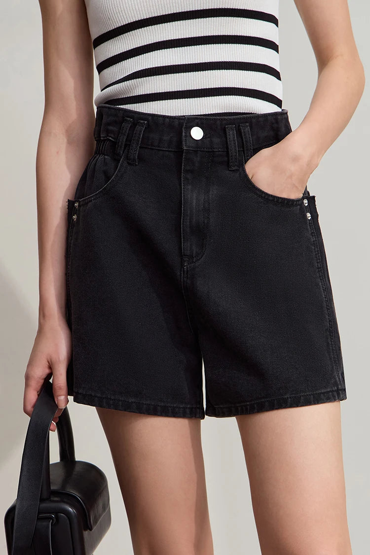 Damen Shorts Baumwoll-Denim Lässig Locker Gerade Vintage Modische Taschenjeans