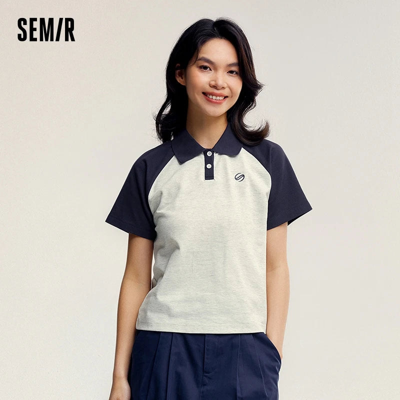 Semir Frauen Polos hirt Sommer neue Farbe Blocking Schulter fallende Ärmel American Retro Top strukturierte Kleidung Trend