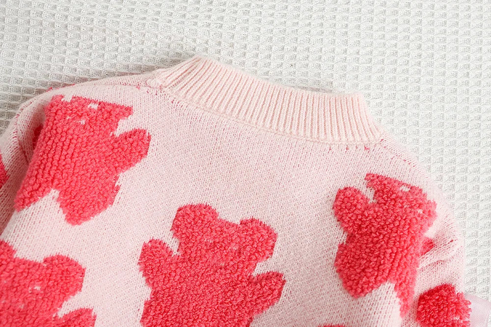 Mädchen Outfit Set mit süßem Bär Bogen Pullover und Mesh Rock