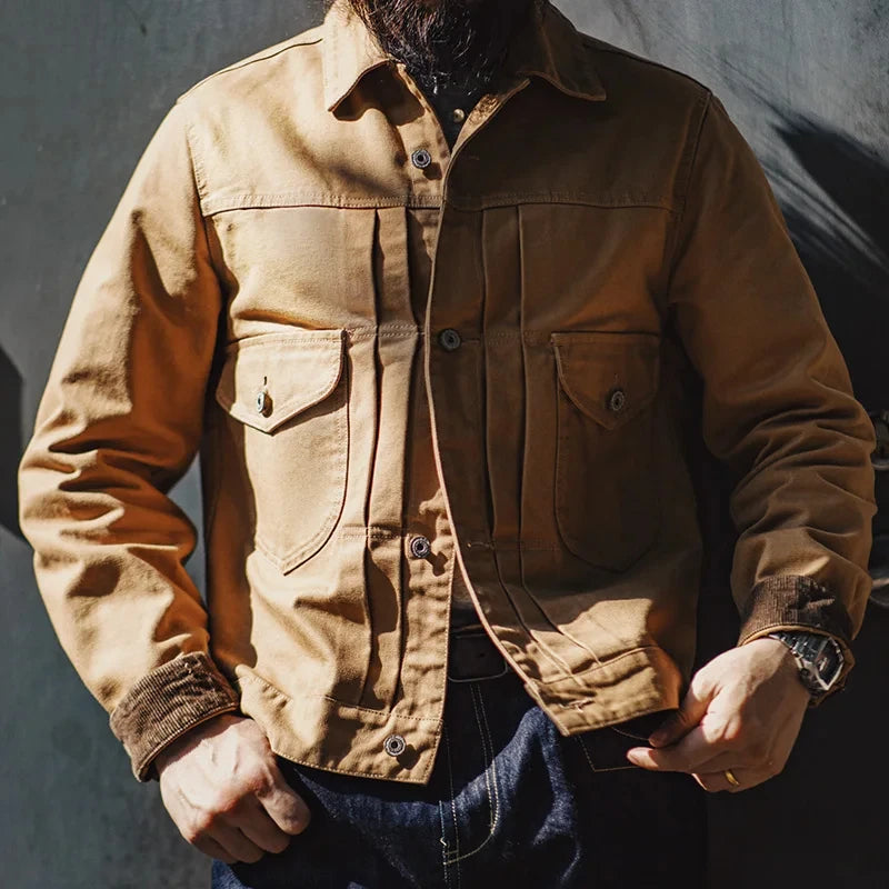 Herren Jeansjacke Vintage schwere Canvas Rancherjacken mit Kragen und Taschen
