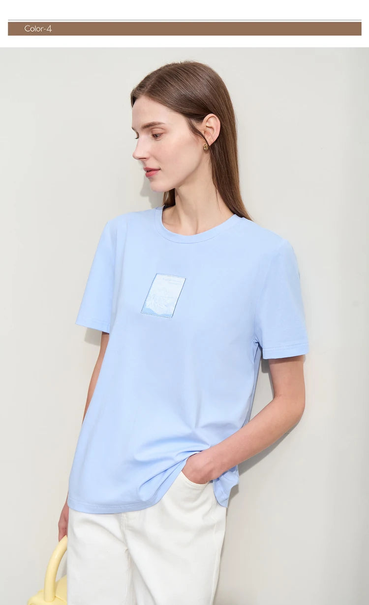 Damen T-Shirt aus Baumwolle mit lässigem O-Ausschnitt und modischer Stickerei