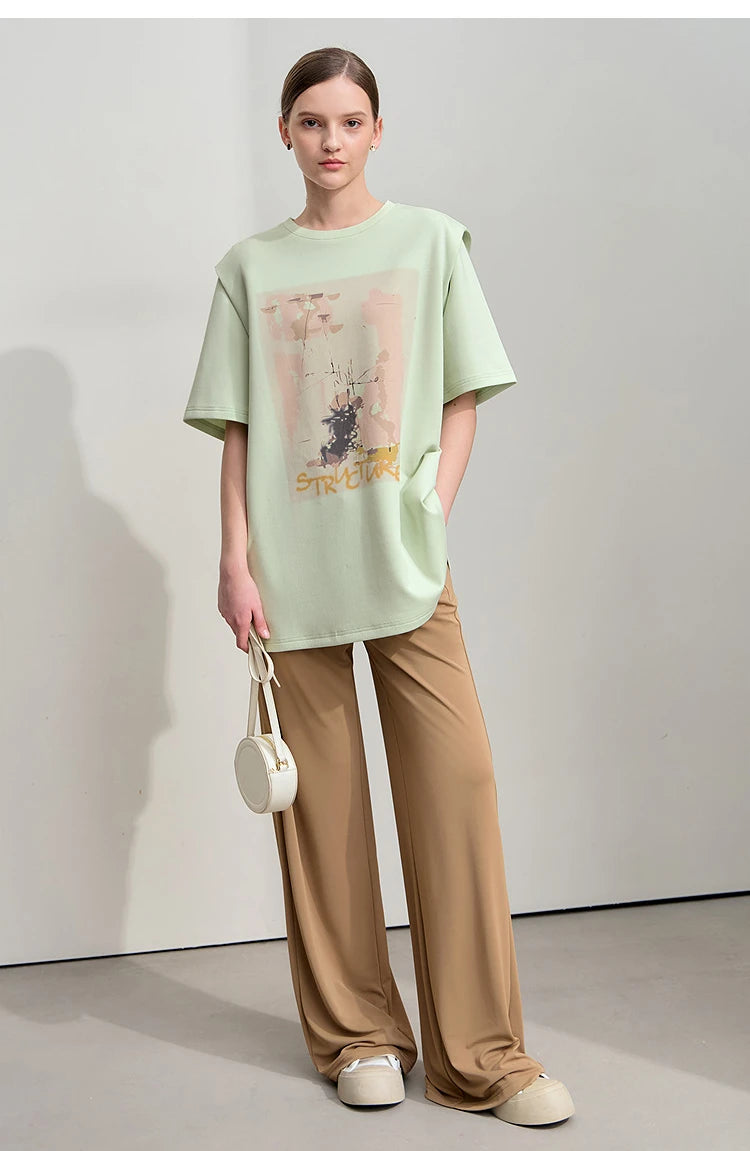 Damen T-Shirt im minimalistischen Stil mit lässigem O-Ausschnitt und Kunstdruck