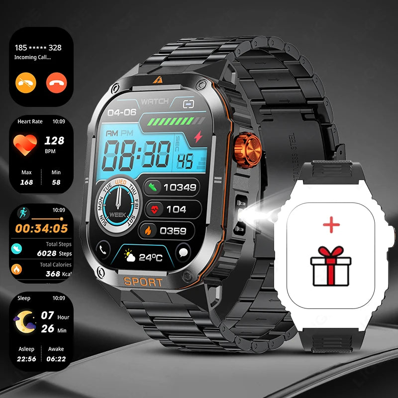 LIGE Military Taschenlampe Smart Uhr Wasserdicht Herzfrequenz Fitness Sport Anruf Erinnerung Smartwatch Für IOS Android Telefon 2025