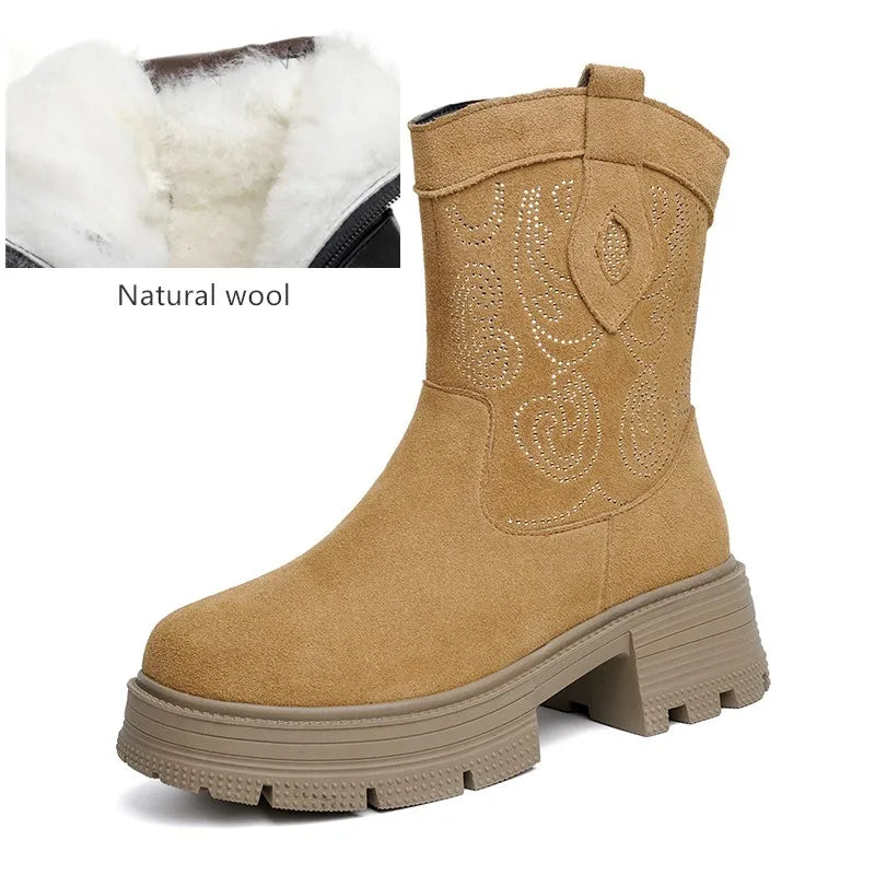 AIYUQI Western Cowboy Boots Women 2025 New Genuine Leather Winter Shoes Boots Women Short Tube Fashion Women's Snow Boots