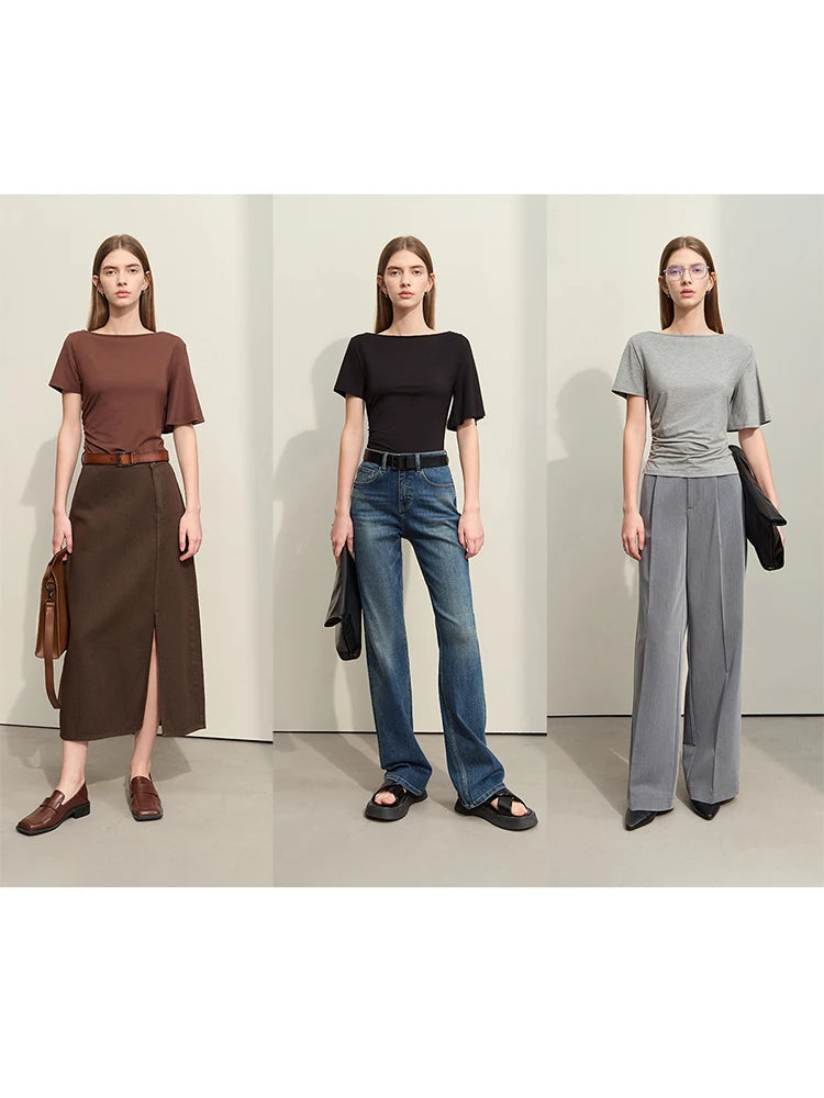Damen T-Shirt im Minimalismus-Stil mit asymmetrischem Slash Neck und Raffen