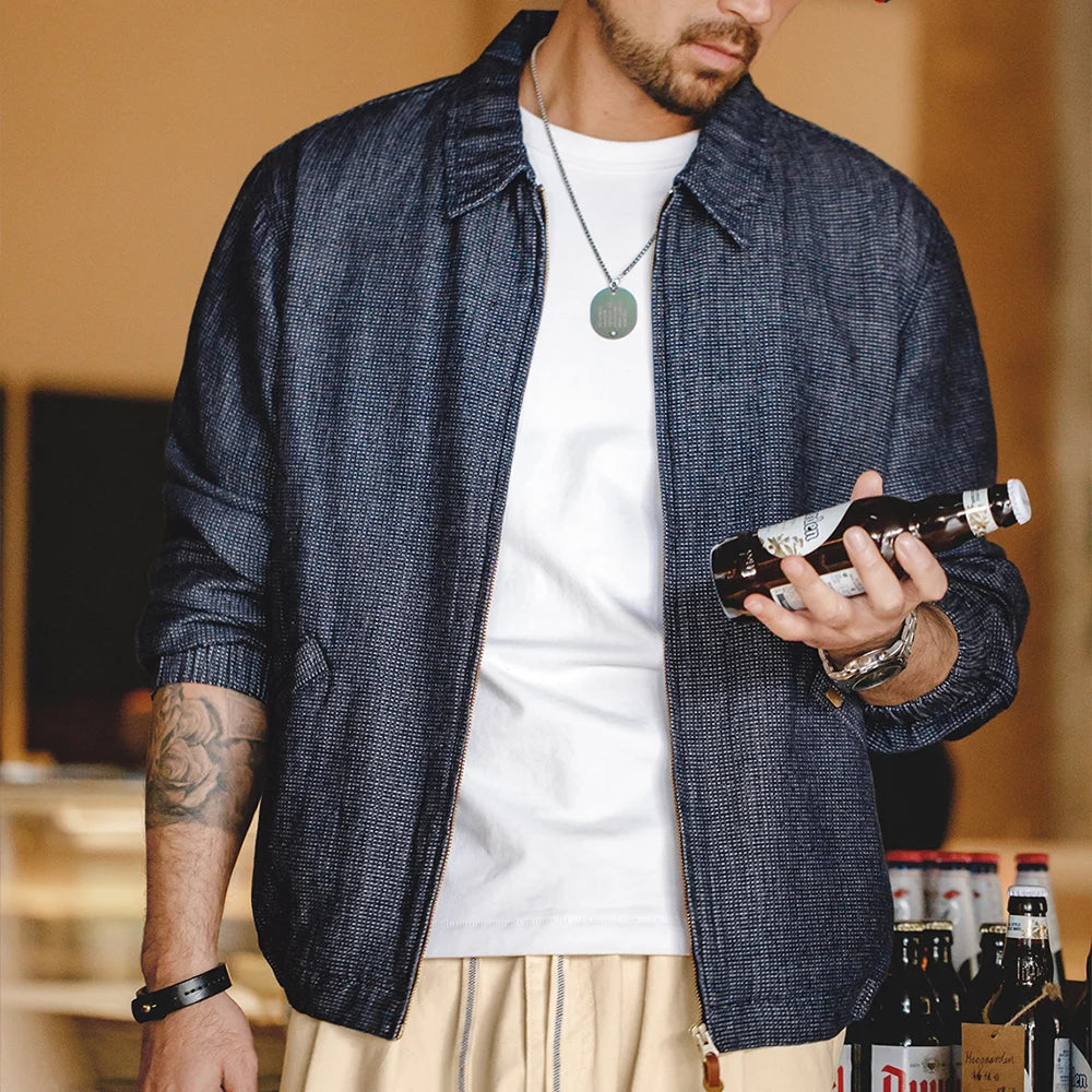 Herren Vintage-Jeansjacke Lockere Passform Revers-Reißverschlussjacke Kurze Blaue Mäntel