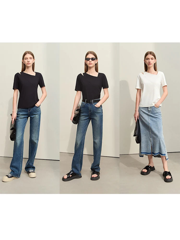 Damen T-Shirts im Minimalismus-Stil mit asymmetrischem V-Ausschnitt und kurzen Ärmeln