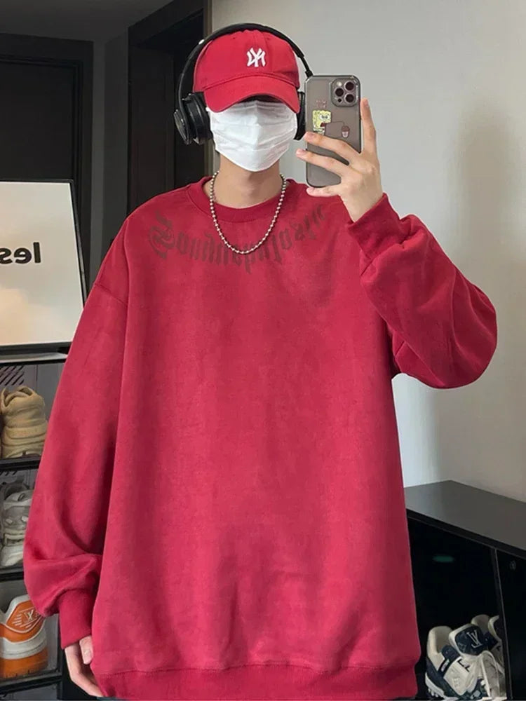 Frühlings-Herren-Sweatshirt aus Wildleder mit Goth-Buchstaben-Aufdruck, übergroße Pullover mit Rundhalsausschnitt, Hoodies, 2025, neue Y2K-Vintage-Fleece-Sudaderas