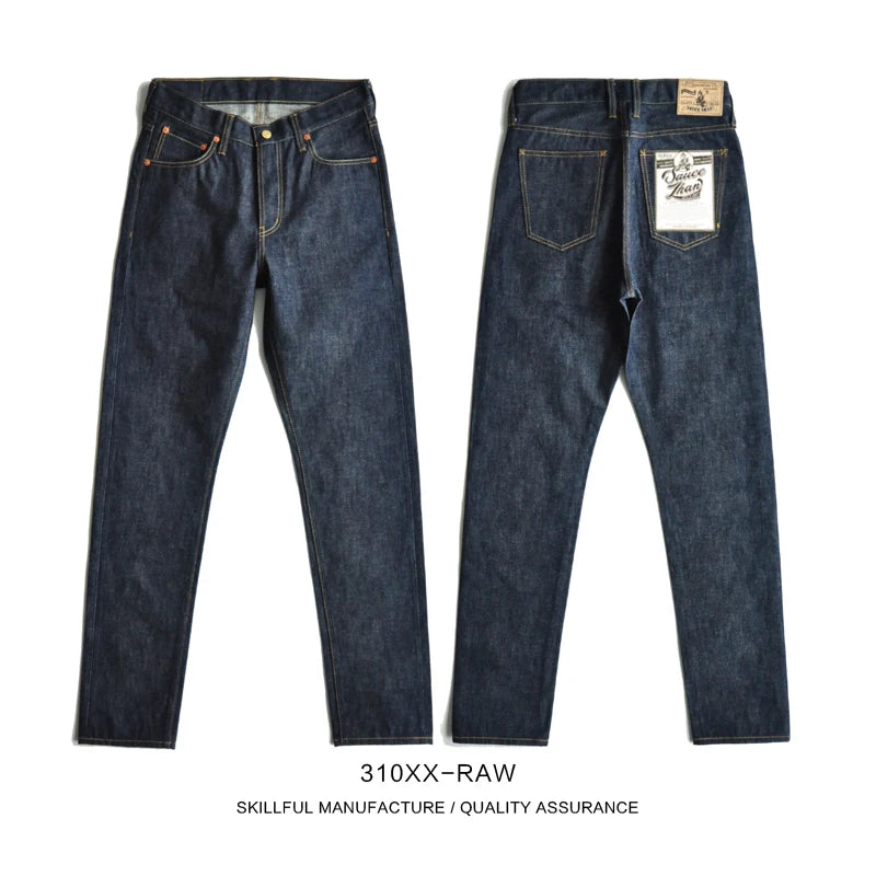 Herrenjeans aus unsanforized Selvedge Raw Denim mit Button Fly Slim Fit