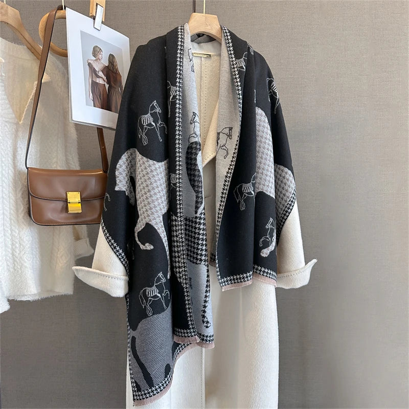Damen Winterschal Kaschmir Pashmina Pferdprint warm dick Decke Luxus B