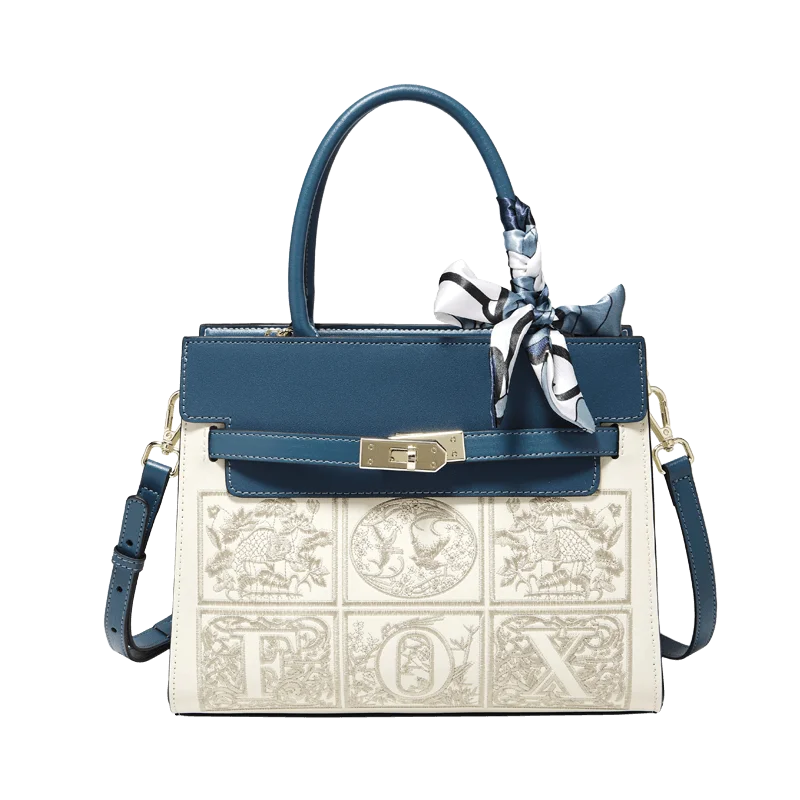 Damen Schultertasche aus Splitleder mit Stickerei im chinesischen Stil