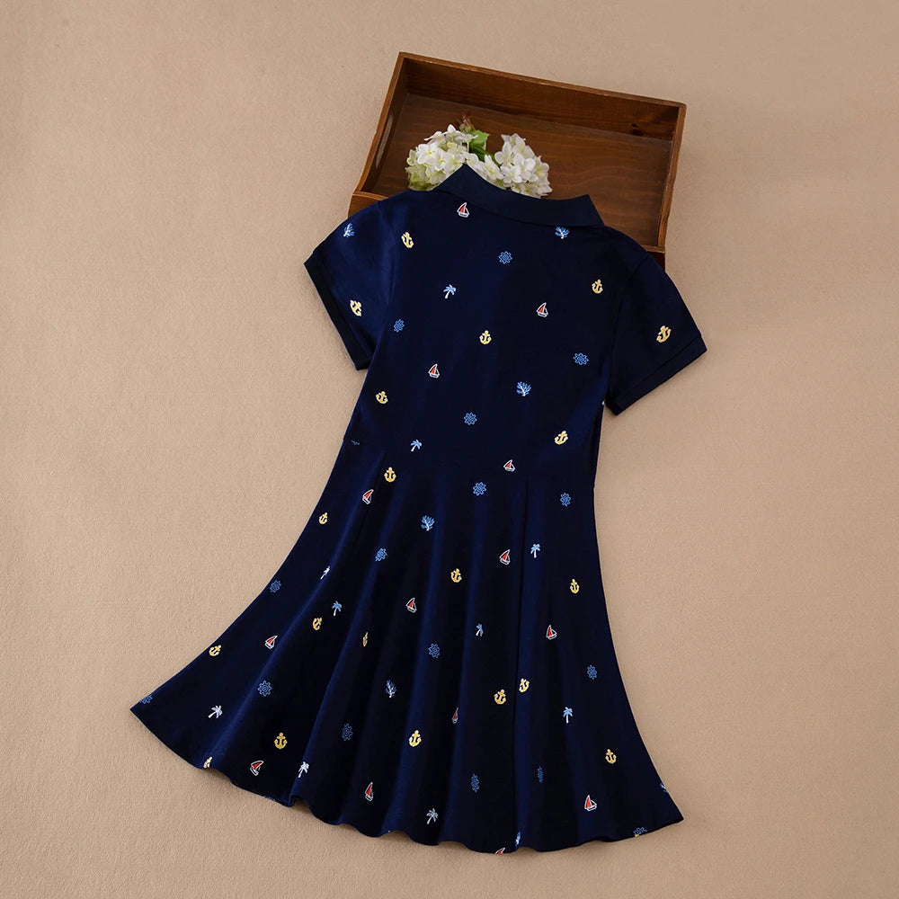 Mädchen-Polokleid mit nautischem Aufdruck, kurzärmelig, A-Linie, Freizeitkleid für Kinder, 5–12 Jahre, Kinderkleidung