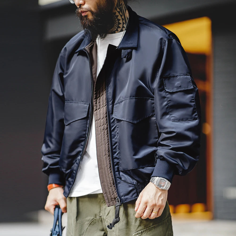 Herren Fliegerjacke Vintage Marineblau Bomberjacke Turn-Down Kragen Mäntel