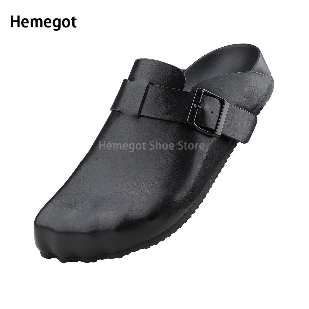 Herren-Slipper mit Schnallriemen, schwarzes Glattleder-Finish