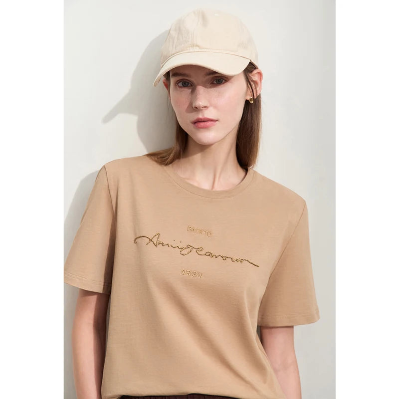 Damen T-Shirts im Minimalismus-Stil mit Kurzarm und Buchstaben-Stickerei