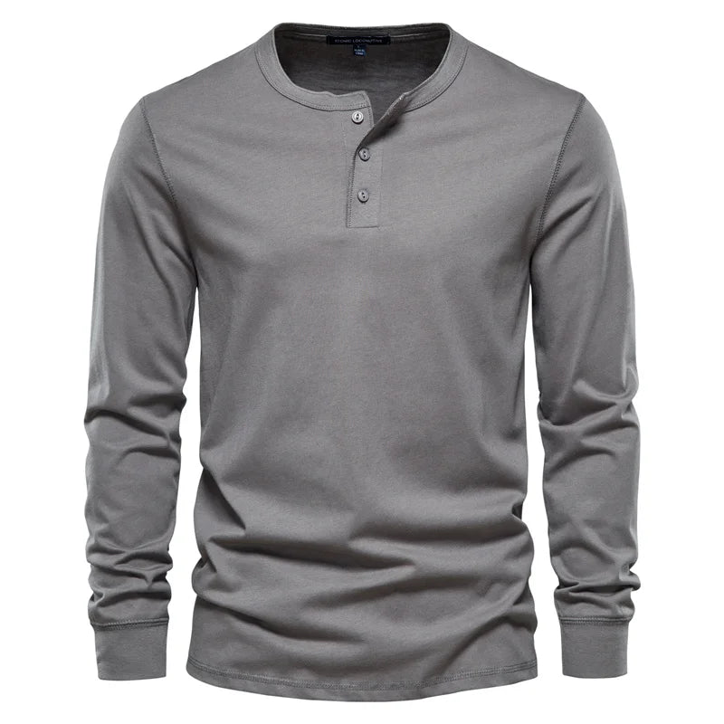 Herren Langarm T-Shirt mit Button-Down-Henley-Kragen aus hochwertiger Baumwolle