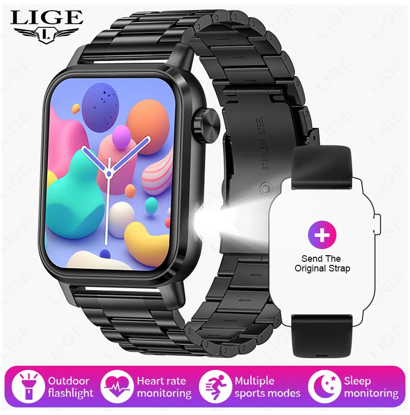 LIGE Neue Für Huawei Xiaomi Smart Uhr Männer Taschenlampe IP68 Wasserdichte Outdoor Sport Tracker 1,85 "HD Bluetooth Anruf Smartwatch