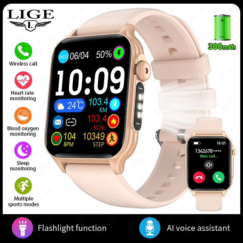 LIGE Neue Für Huawei Xiaomi Smart Uhr Männer Taschenlampe Wasserdichte Outdoor Sport Tracker Bluetooth Anruf Smartwatch 1,96 "bildschirm