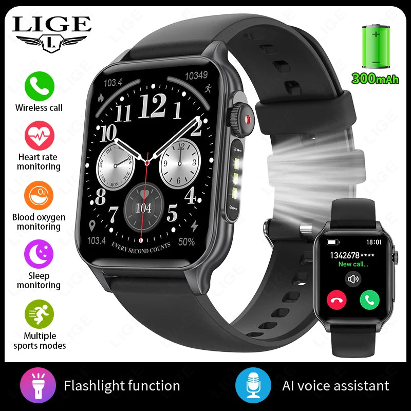 LIGE Neue Für Huawei Xiaomi Smart Uhr Männer Taschenlampe Wasserdichte Outdoor Sport Tracker Bluetooth Anruf Smartwatch 1,96 "bildschirm
