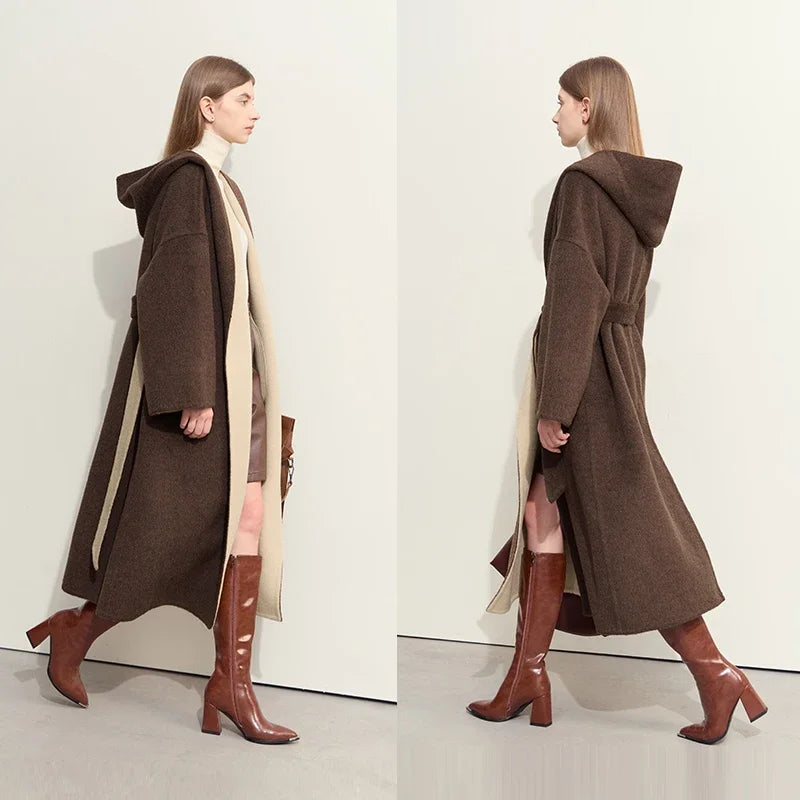Damen Farbkontrast Wollmantel mit Kapuze und Tropfenärmeln für den Winter