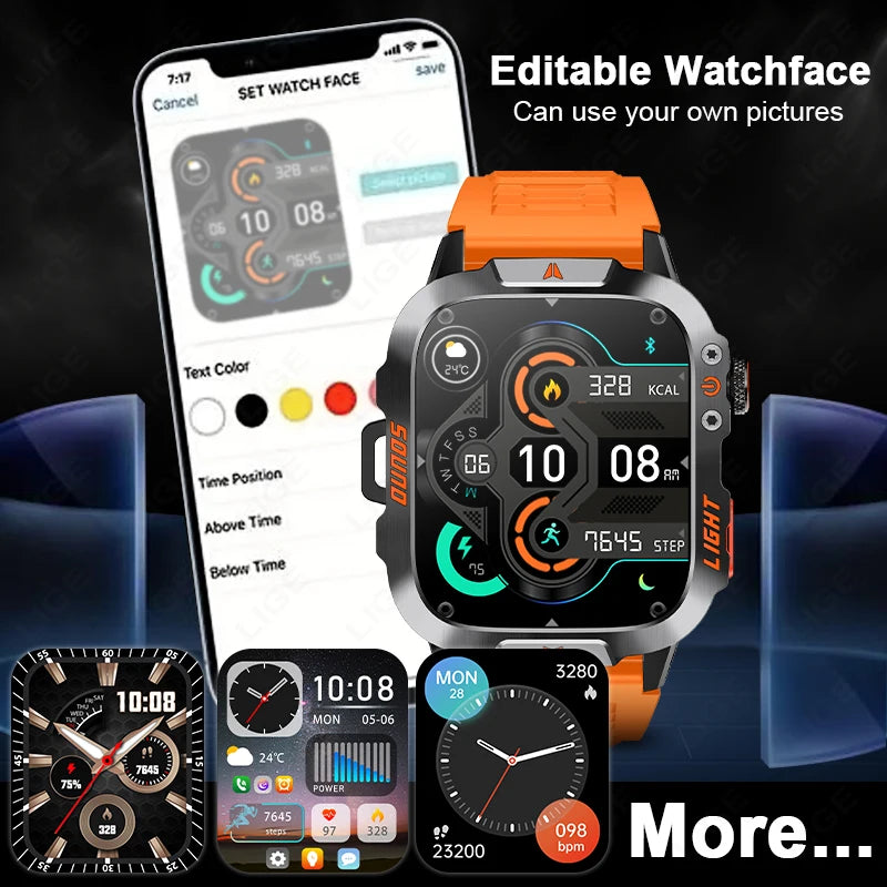 LIGE Neue LED Taschenlampe Outdoor Smart Uhr 420 mAh Batterie Wasserdicht 100 + Sport Herzfrequenz Sprachanruf 1,96 "HD Smartwatch Männer
