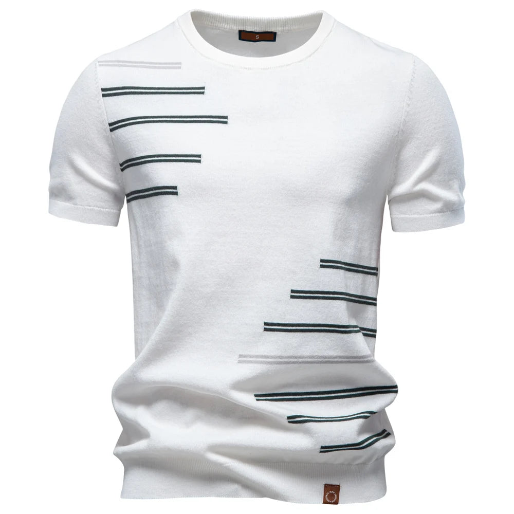 Herren T-Shirt Rundhals, weiß, Streifenmuster vorn mit blau-grünen Linien