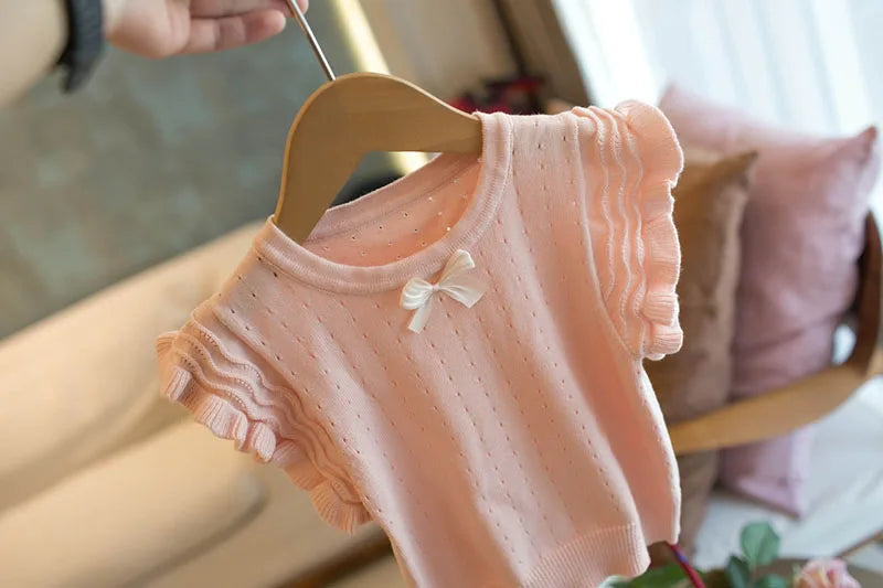 Mädchen Weste aus Strick für Sommer mit süßem Lochmuster in Einfarbig