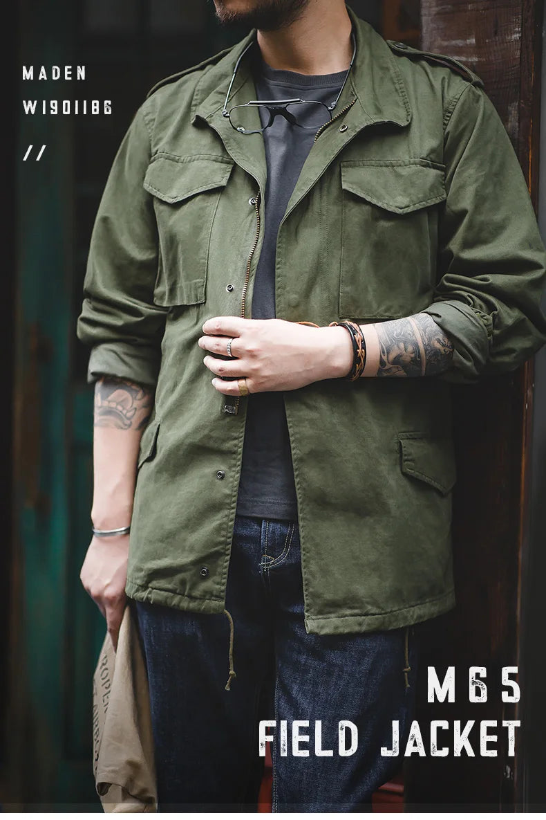 Herren Feldjacke Grüne Vintage-Armeejacke Lässige Windjacke Reverskragen Taschen Mantel