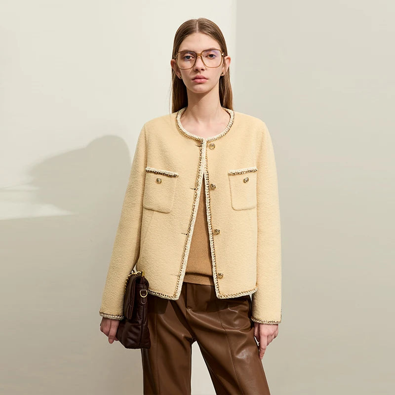 Damen Wollmantel im minimalistischen Stil mit Taschen und Knopfdekoration