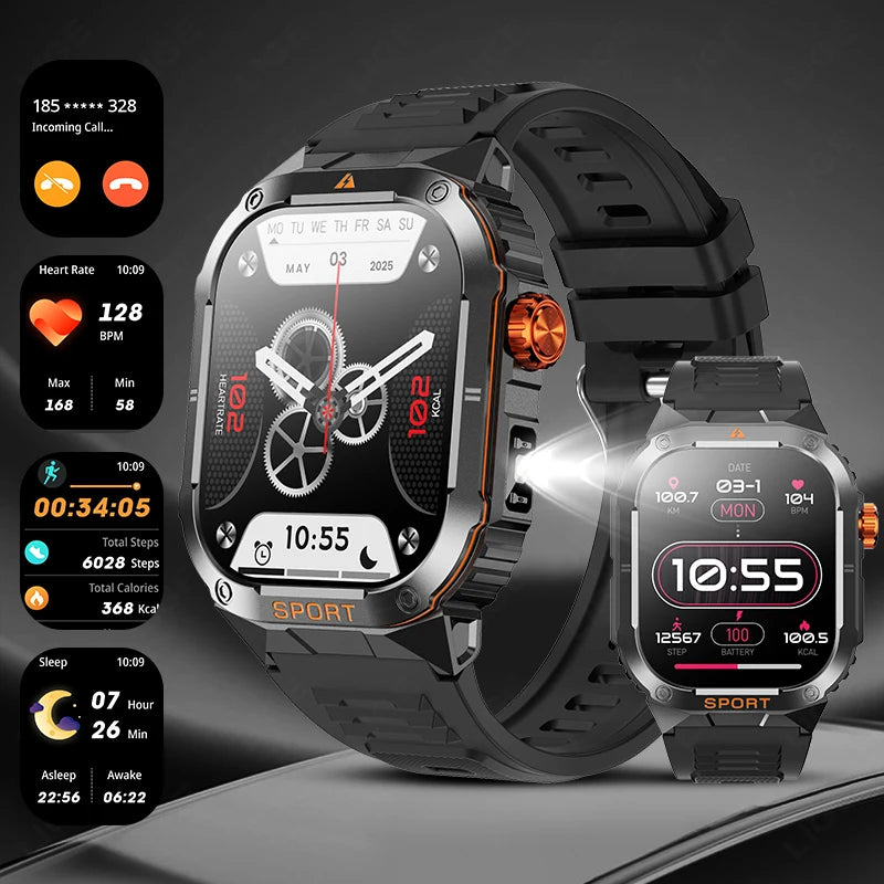 LIGE Military Taschenlampe Smart Uhr Wasserdicht Herzfrequenz Fitness Sport Anruf Erinnerung Smartwatch Für IOS Android Telefon 2025
