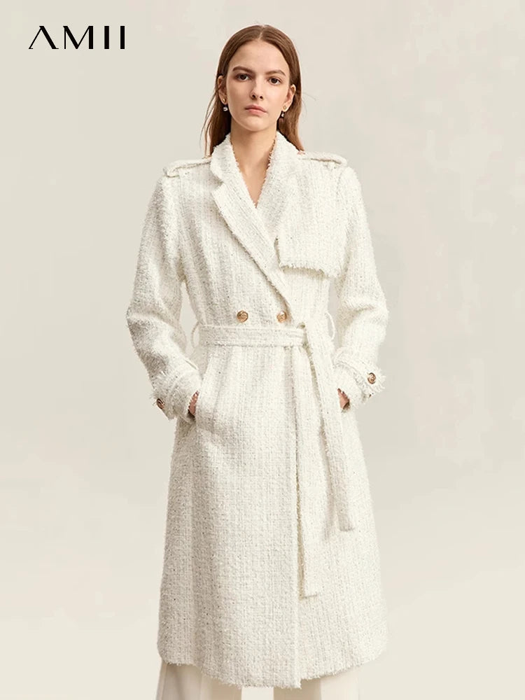 Damen Wollmantel im Winter mit Gürtel und trendigem Tweed-Stil