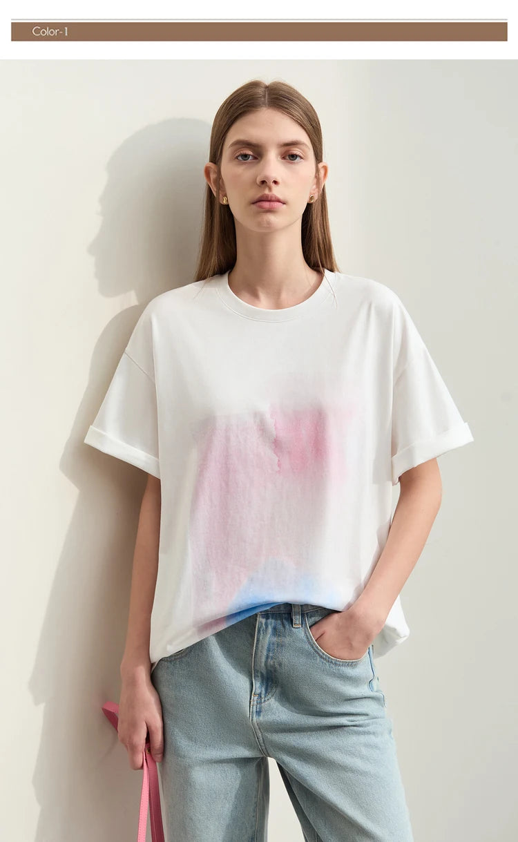 Damen T-Shirts im Minimalismus-Stil mit abstraktem Druck aus Baumwolle
