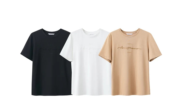 Damen T-Shirts im Minimalismus-Stil mit Kurzarm und Buchstaben-Stickerei