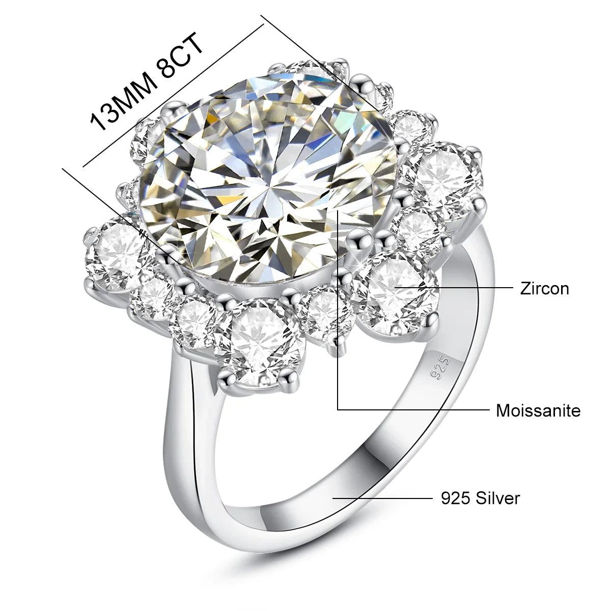 Damen-Ring Moissanit 8ct Rundschliff 13mm Zertifiziert für Verlobung oder Hochzeit