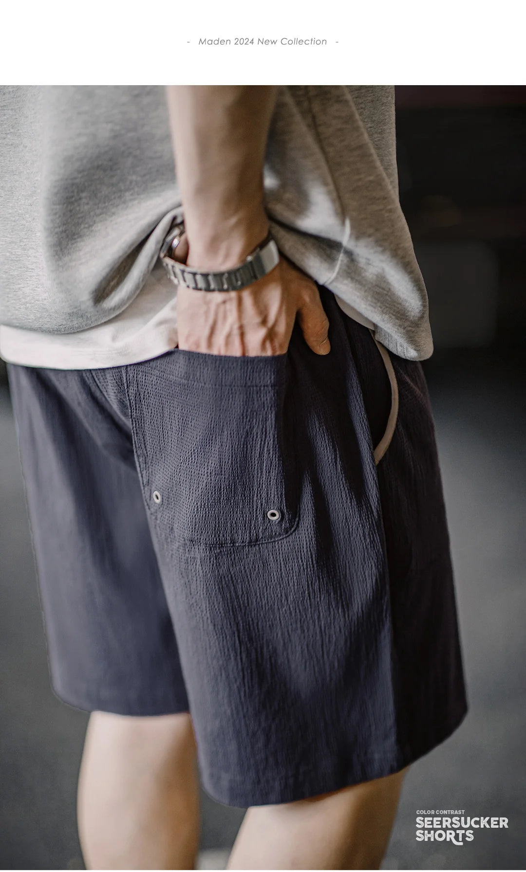 Männer Shorts aus atmungsaktiver Seersucker-Textur mit elastischer Taille und Kontrastfarbe