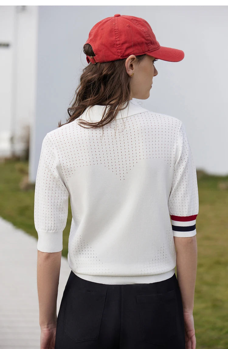 Damen Pullover im Minimalismus-Stil mit Polo-Ausschnitt und Kontrastfarben