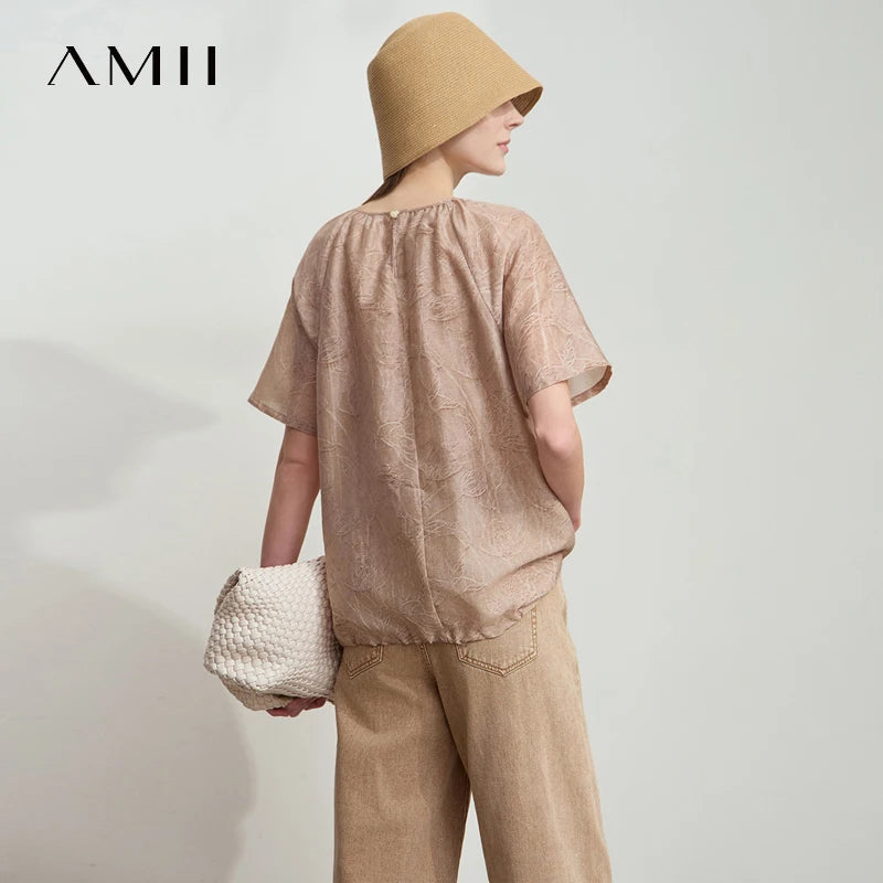 Damen T-Shirt im minimalistischen Sommer-Stil mit Kordelzug und Rundhalsausschnitt