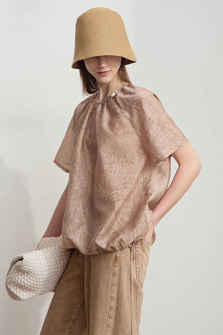 Damen T-Shirt im minimalistischen Sommer-Stil mit Kordelzug und Rundhalsausschnitt