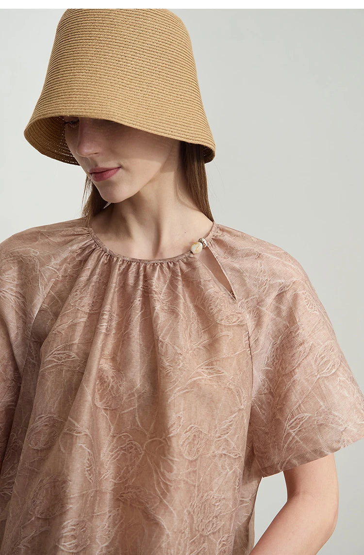 Damen T-Shirt im minimalistischen Sommer-Stil mit Kordelzug und Rundhalsausschnitt