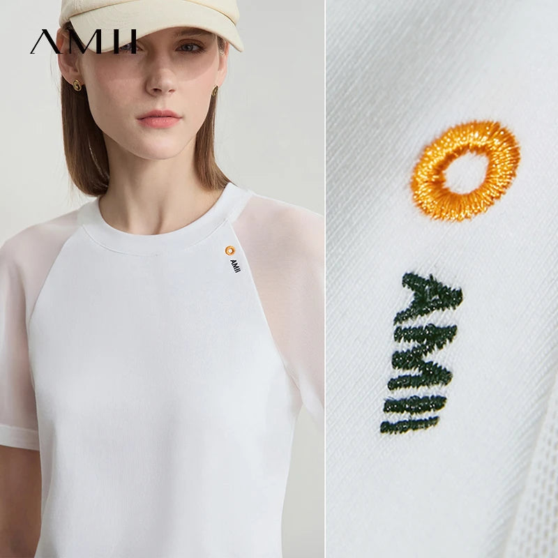Damen T-Shirt im Casual-Stil mit gesticktem Rundhals und kurzen Ärmeln