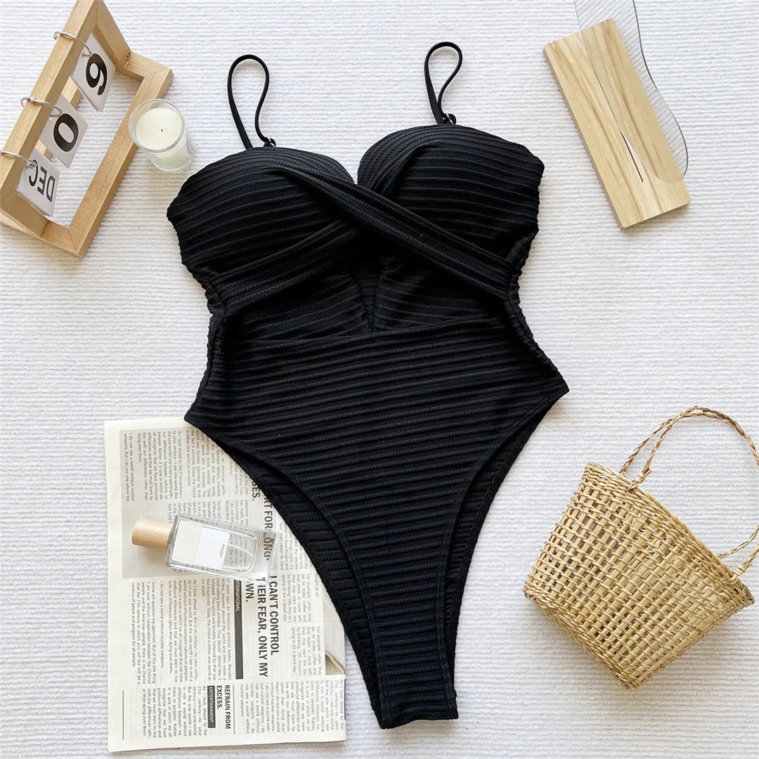 Damen Badeanzug Cut-Out gerüscht hoher Beinausschnitt BH-Cup Monokini