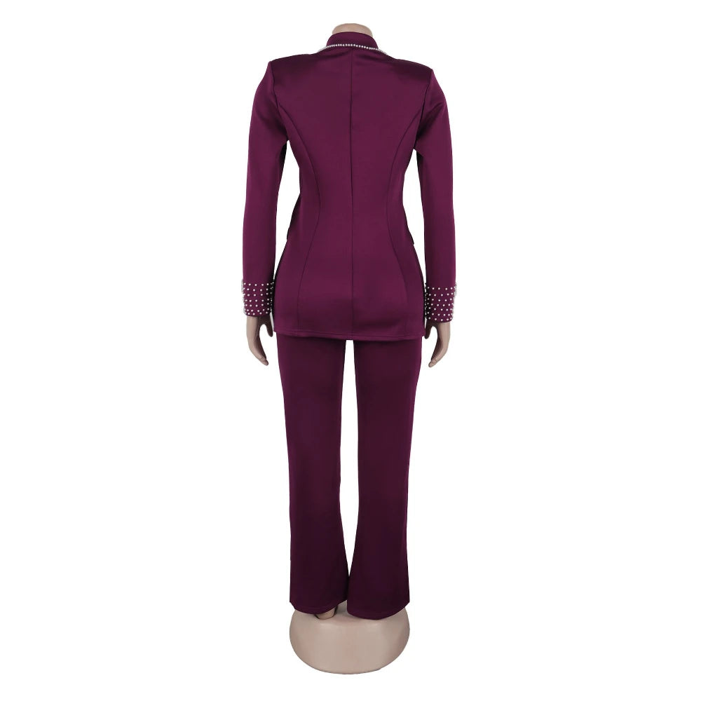 Zweiteiliges Damen-Set mit Applikationen, langärmligem Patchwork-Hemd und hoch taillierter Hose